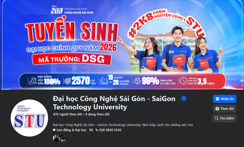 Giao diện Fanpage Facebook có tích xanh của Trường Đại học Công nghệ Sài Gòn (STU)