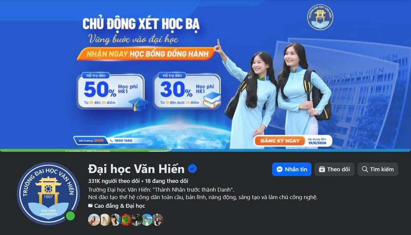 Giao diện Fanpage Facebook có tích xanh của Trường Đại học Văn Hiến (VHU)