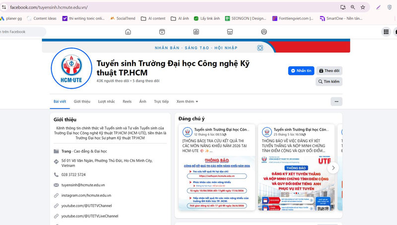 Giao diện fanpage Trường Đại học Sư phạm Kỹ thuật TP.HCM (HCMUTE)