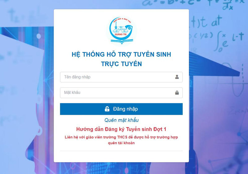 Giao diện hệ thống hỗ trợ tuyển sinh trực tuyến Quảng Trị