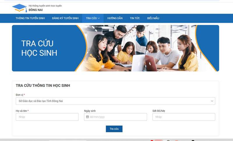 Giao diện hệ thống tuyển sinh trực tuyến Đồng Nai