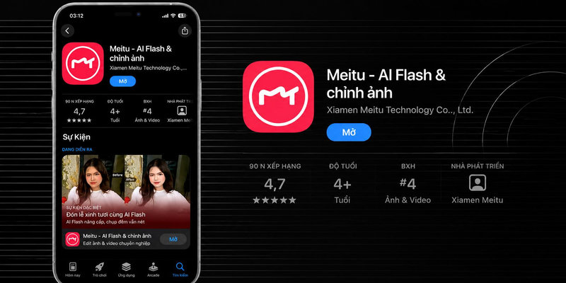 Giao diện màn hình chính của ứng dụng Meitu trên điện thoại