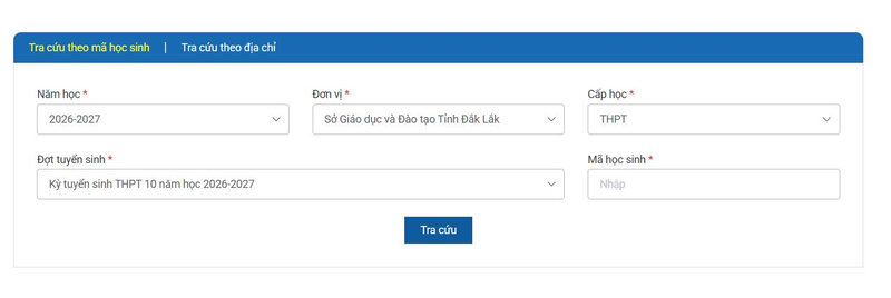 Giao diện tra cứu điểm thi các trường tỉnh Đắk Lắk