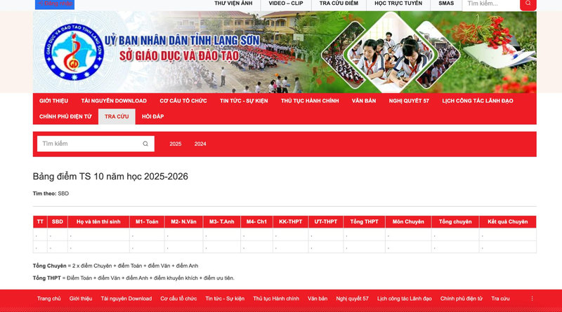 Giao diện tra cứu điểm thi lớp 10 tỉnh Lạng Sơn