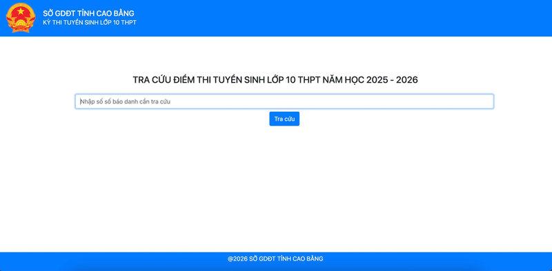 Giao diện tra cứu điểm thi tuyển sinh lớp 10 THPT tỉnh Cao Bằng
