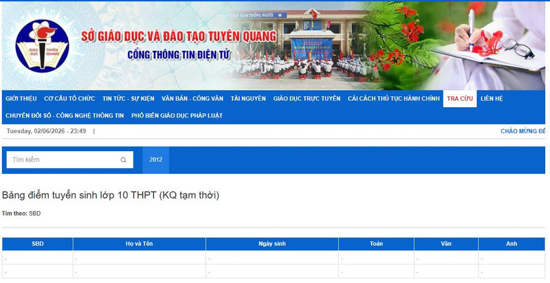 Giao diện trang chủ cổng thông tin tra cứu điểm thi của Sở GD&ĐT Tuyên Quang