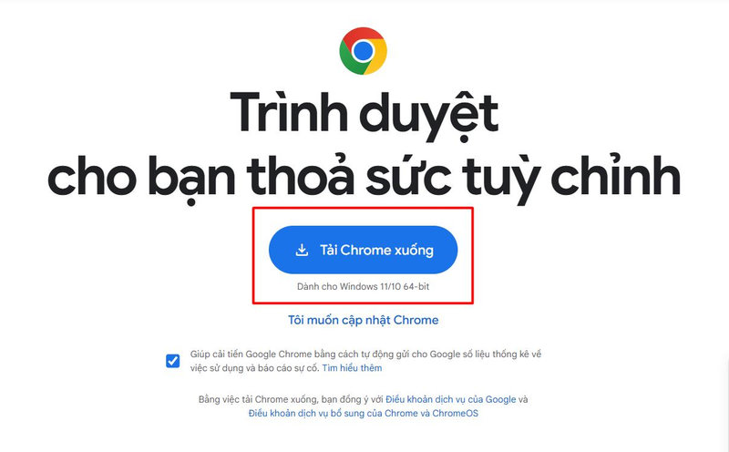 Giao diện trang chủ giúp người dùng tải xuống trình duyệt Chrome nhanh chóng