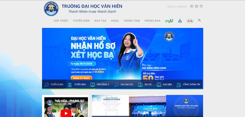 Giao diện trang web chính thức của Trường Đại học Văn Hiến (VHU)