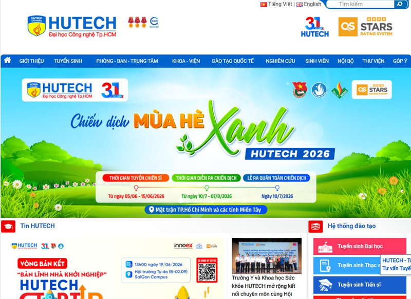 Giao diện website cập nhật thông tin điểm chuẩn trường Trường Đại học Công nghệ TP.HCM (HUTECH)