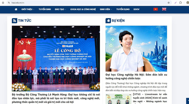 Giao diện website chính thức Đại học Công nghiệp Hà Nội (HaUI)