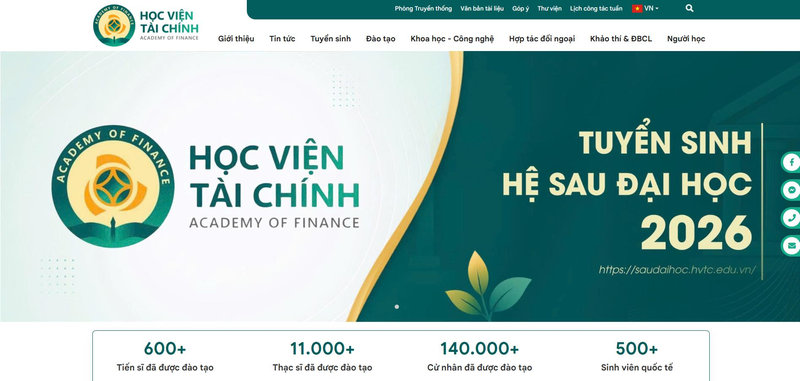 Giao diện website Học viện Tài chính (AOF)