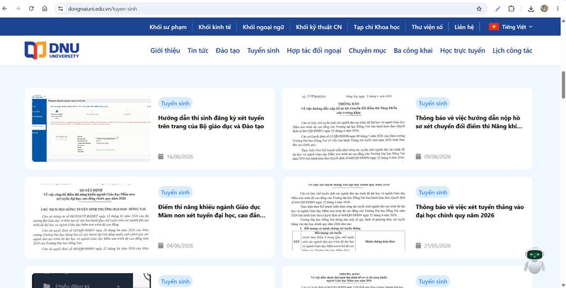 Giao diện website Trường Đại học Đồng Nai (DNU)