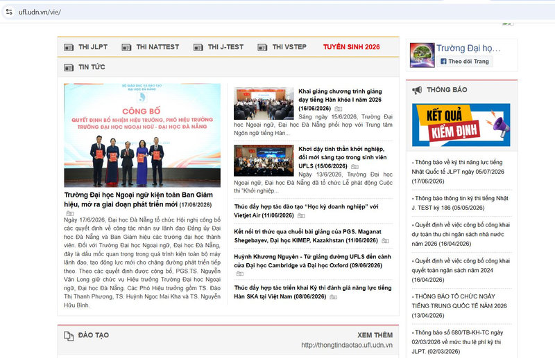 Giao diện website Trường Đại học Ngoại ngữ - Đại học Đà Nẵng (UFLS)