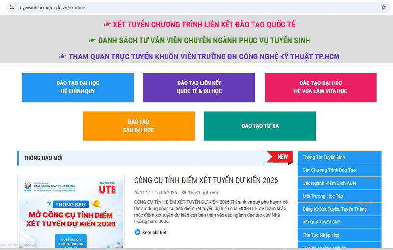 Giao diện website tuyển sinh chính thức của HCMUTE