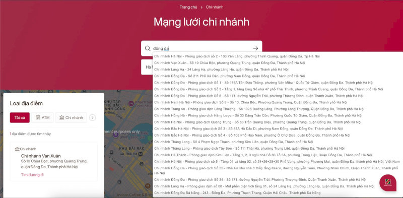 Hệ thống sẽ liệt kê đầy đủ cả các phòng giao dịch trực thuộc trong khu vực