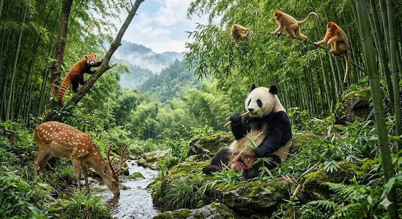 Hình ảnh chú gấu trúc và các loài động vật hoang dã đang sinh sống