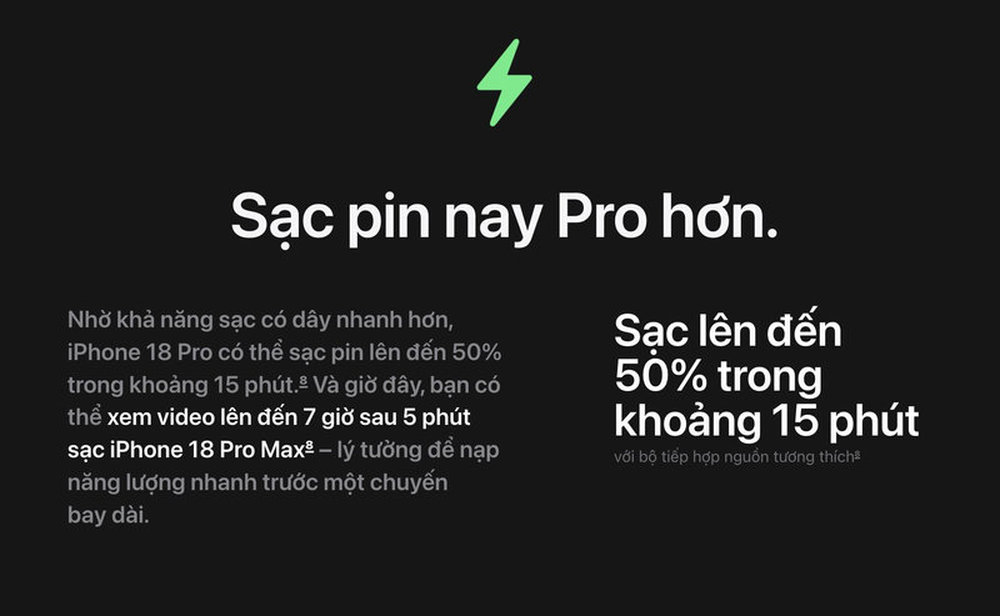 Sạc nhanh 50% pin chỉ trong 15 phút trên iPhone 18 series