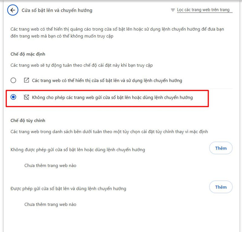 Không cho phép các trang web gửi cửa sổ bật lên