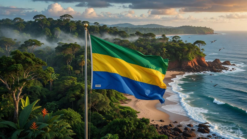 Lá cờ Gabon mang sắc màu dịu mắt mô phỏng đường xích đạo chạy ngang qua thảm thực vật trù phú cùng đại dương bao la