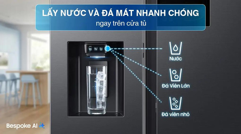 Lấy nước đá và đá mát là một trong những tiện ích thông minh được người dùng yêu thích ở tủ lạnh Side By Side