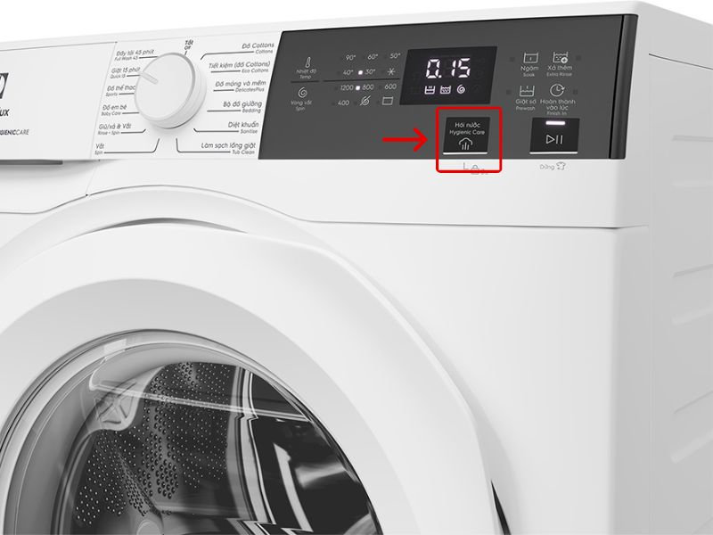 Nhấn giữ trực tiếp nút hơi nước (Hygiene Care) để mở LOC trên máy giặt Electrolux