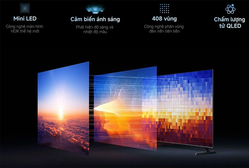 Màn hình tivi Xiaomi hiển thị màu sắc rực rỡ và tinh khiết nhờ công nghệ QD-MiniLED và Mini LED