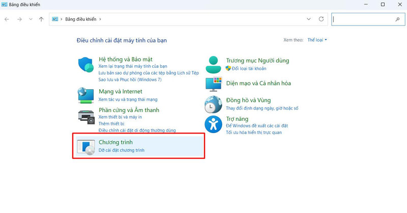 Mở Control Panel và chọn vào gỡ cài đặt chương trình