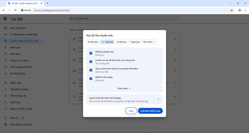 Mở cửa sổ xóa dữ liệu duyệt web