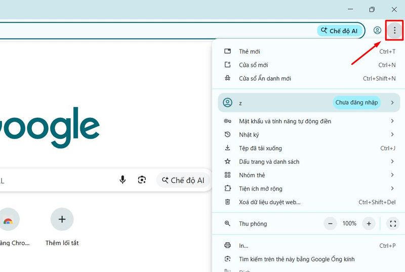 Mở menu tùy chọn trên Google Chrome