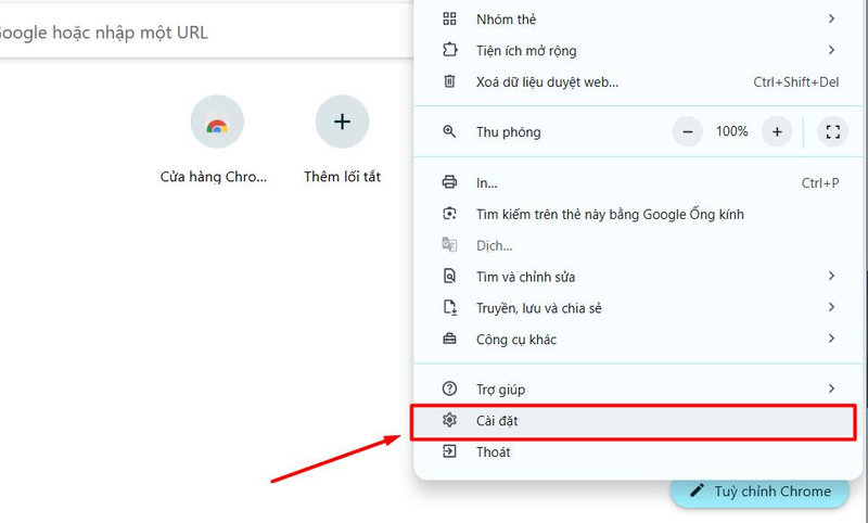 Mở phần cài đặt của trình duyệt