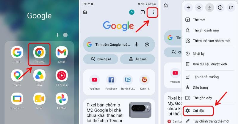 Mở trình duyệt Chrome trên điện thoại và chọn mục “Cài đặt”