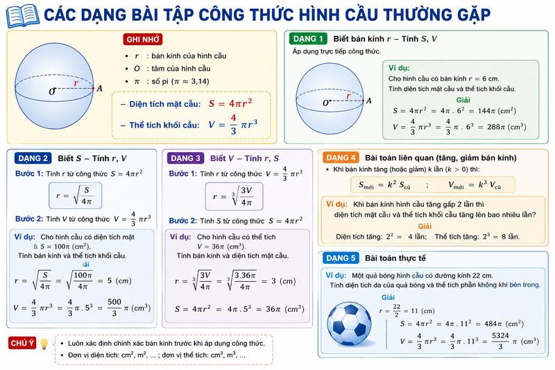Muốn giải nhanh bài tập hình cầu cần xác định đúng bán kính trước khi áp dụng công thức