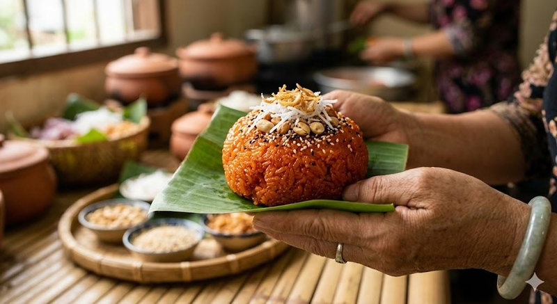 Nắm xôi gấc truyền thống, cầu mong cuộc sống ấm no cho bé.