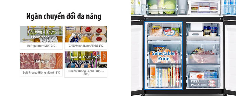 Ngăn chuyển đổi đa năng Selectable Zone giúp tùy chỉnh chế độ bảo quản linh hoạt, giữ thực phẩm tươi ngon và thuận tiện khi chế biến.