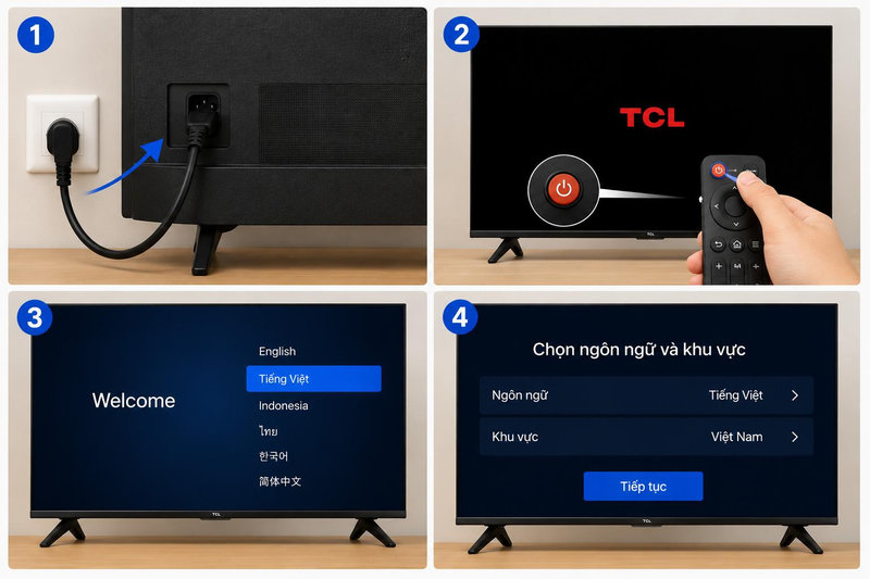Người dùng nhấn nút nguồn trên remote để bật tivi