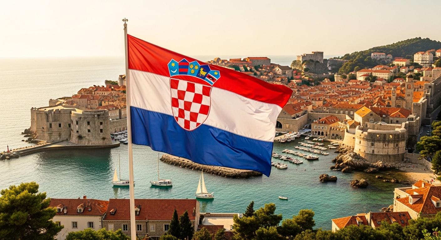 Quốc kỳ Croatia với quốc huy hình bàn cờ ca rô ở trung tâm