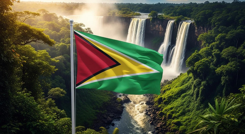 Quốc kỳ Guyana với biểu tượng mũi tên vàng thể hiện khát vọng tiến lên