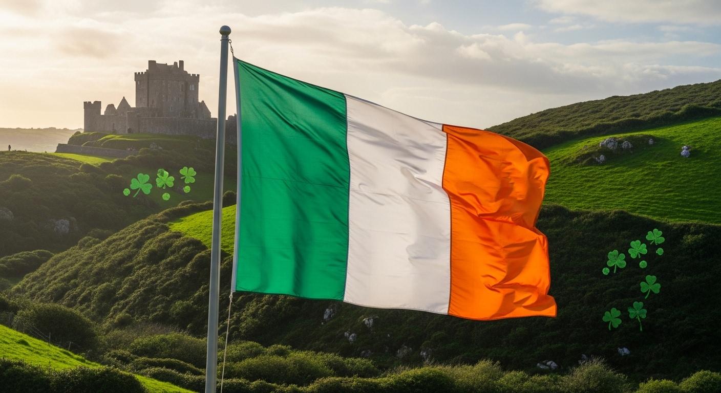 Quốc kỳ Ireland với ba dải sọc dọc xanh lá, trắng và cam