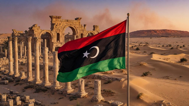 Quốc kỳ Libya nổi bật với biểu tượng trăng lưỡi liềm cùng ngôi sao trắng trên nền ba sọc màu cách mạng truyền thống hào hùng