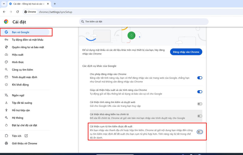 Tắt tính năng dự đoán cụm từ tìm kiếm