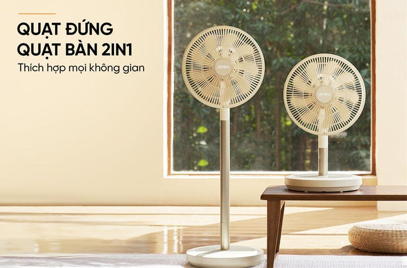 Thiết kế 2 trong 1 giúp quạt tuần hoàn dễ dàng chuyển đổi giữa quạt đứng và quạt để bàn.