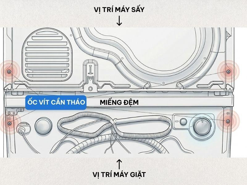 Thực hiện tháo 2 ốc vít để liên kết máy với dụng cụ xếp chồng
