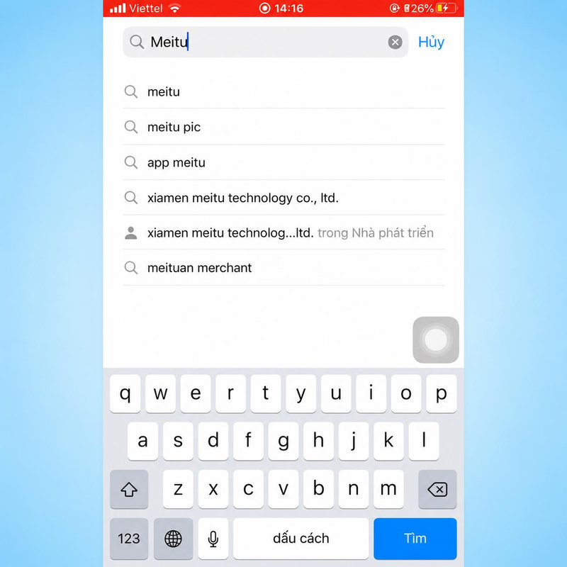 Thực hiện tìm kiếm “Meitu” trên điện thoại