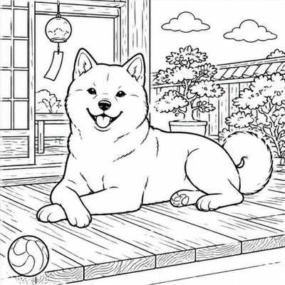 Shiba nhìn lên bầu trời giúp bé kết hợp màu nhân vật với nền trời xanh