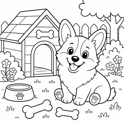 Corgi bên đồ chơi giúp bé tô màu nhiều vật thể trong một bức tranh hài hòa