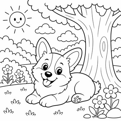 Corgi đội mũ kích thích bé sáng tạo thêm chi tiết phụ cho bức tranh