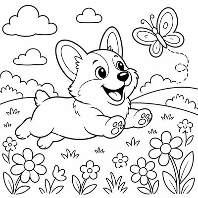 Tư thế vui đùa của Corgi giúp bé học cách thể hiện chuyển động qua màu sắc
