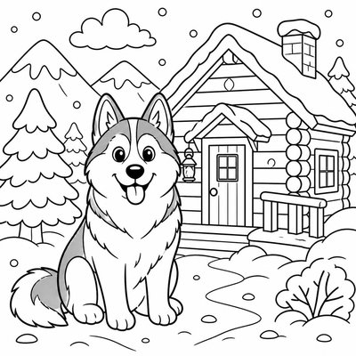 Tranh Husky giúp bé luyện phối màu trung tính xám đen và trắng hài hòa