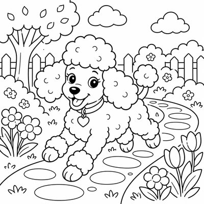 Poodle cạnh hoa giúp bé kết hợp màu động vật và thực vật trong một tranh