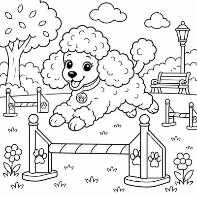 Poodle ngồi nghiêm giúp bé luyện tô đều màu trên mảng lông rộng không lem